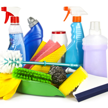 various cleaning products and brushes